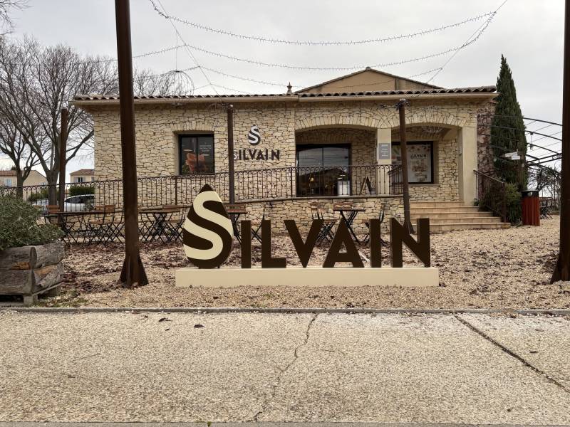 Enseigne en lettres boitier en alu laqué avec adhésif teinté masse pour le logo en forme d'amande